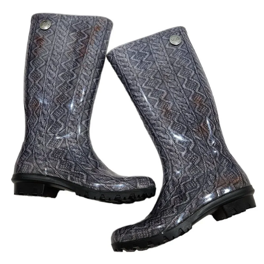 UGG Shaye Cable Knit Women Tall Grey Orange Tie Dye Rain Boots Size 5